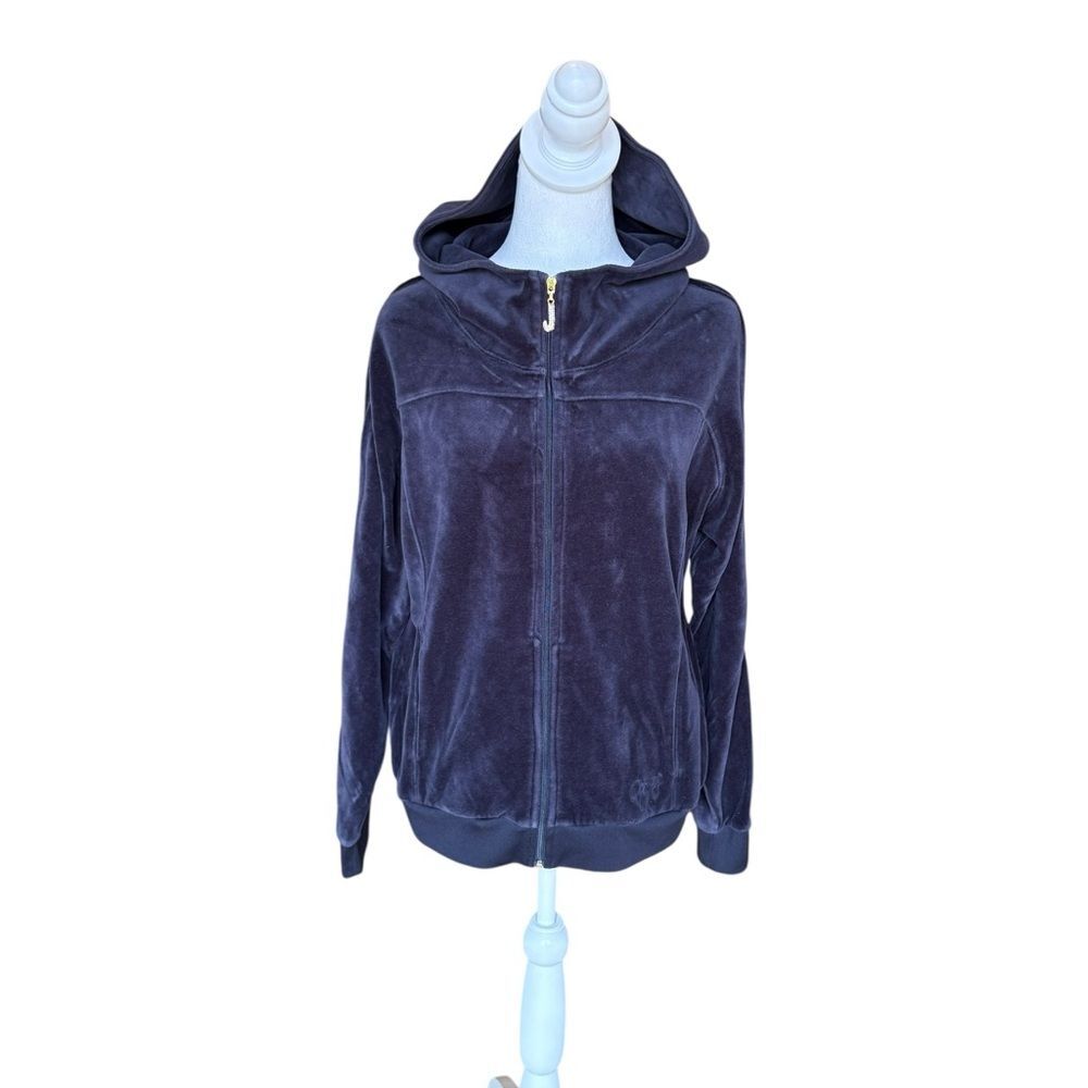 Juicy Couture Velour Full Zip Hoodie Sweatshirt Pockets J Gems Womens XL Navy